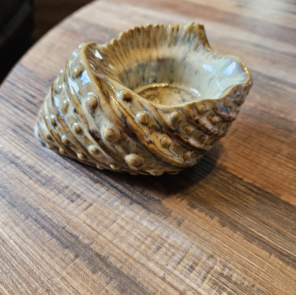 Vintage Glazed Ceramic Conch Seashell Tea Light Votive Holder Numbered Beach